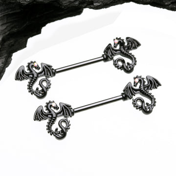 Detail View 1 of A Pair of Blackline Jeweled Eye Dragon Sparkle Nipple Barbell-Aurora Borealis
